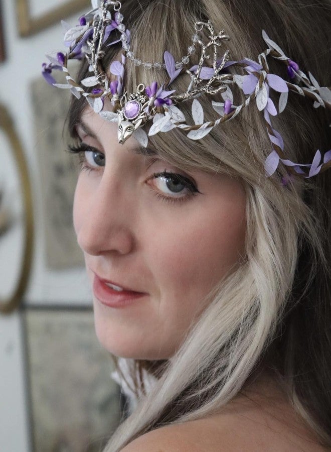 MOSTORY Handmade Purple Woodland Fairy Headpiece - Elf Crown Forest Antler Circlet Silver Branch Wreath with Rhinestone for Princess Party Renaissance Faire Halloween Prom Cosplay - Image 2